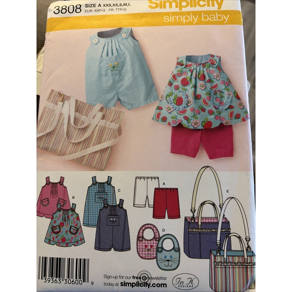 Simplicity Sewing Pattern 3808 Babies Top Romper Bib Diaper Bag Shorts XXS-L